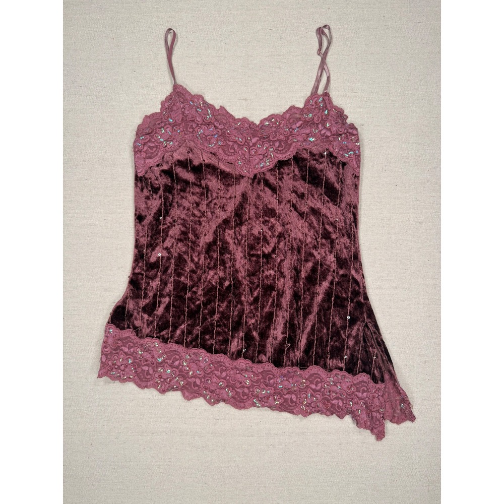 ING Burgundy Crushed Velvet Lace Sequin Cami Top Y2K Asymmetrical Hem Medium